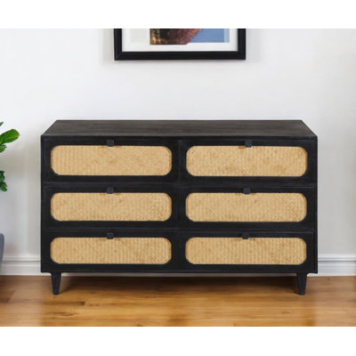 56" Black And Natural Solid Wood And Rattan Six Drawer Double Dresser