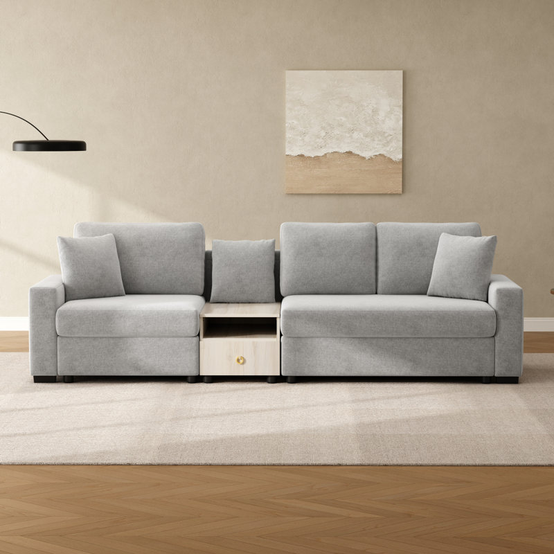 Modern Sofa Couch 111.8" Modular Sofa Upholstered Sofa Couch 3-Seater Sofa With Storage Armrest And Center Console For Living Room, Grey