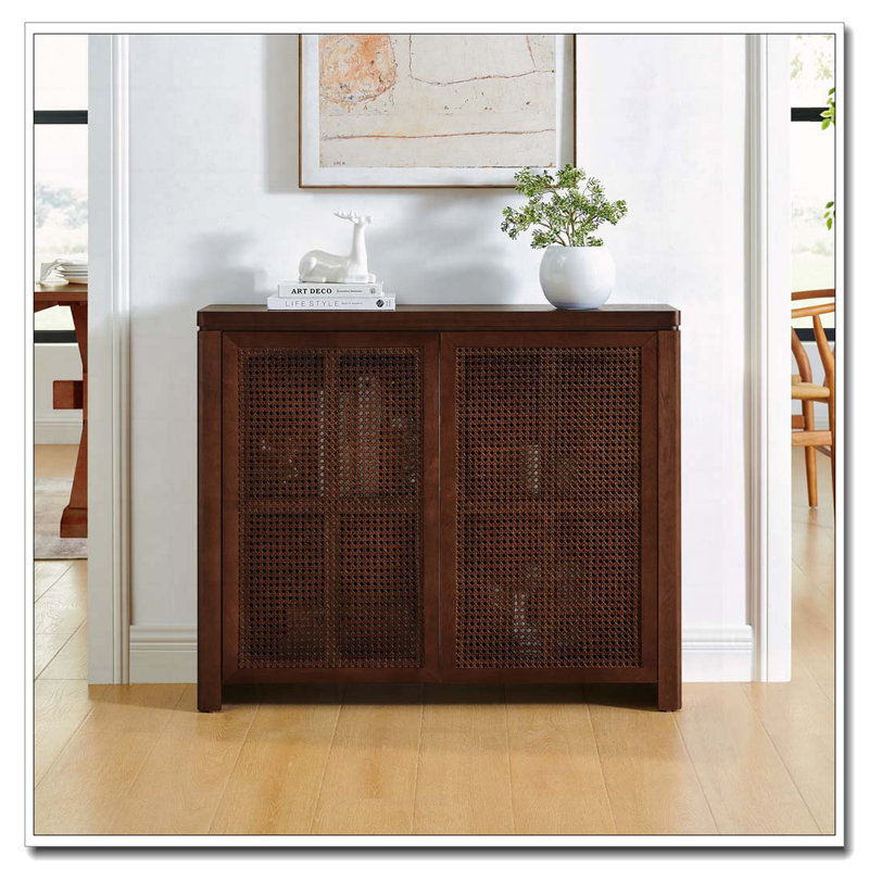 2-Door Rattan  Cabinet With Storage, Retro Coffee Bar Wine Bar Credenza For Living Room/Entryway/Kitchen, Brown