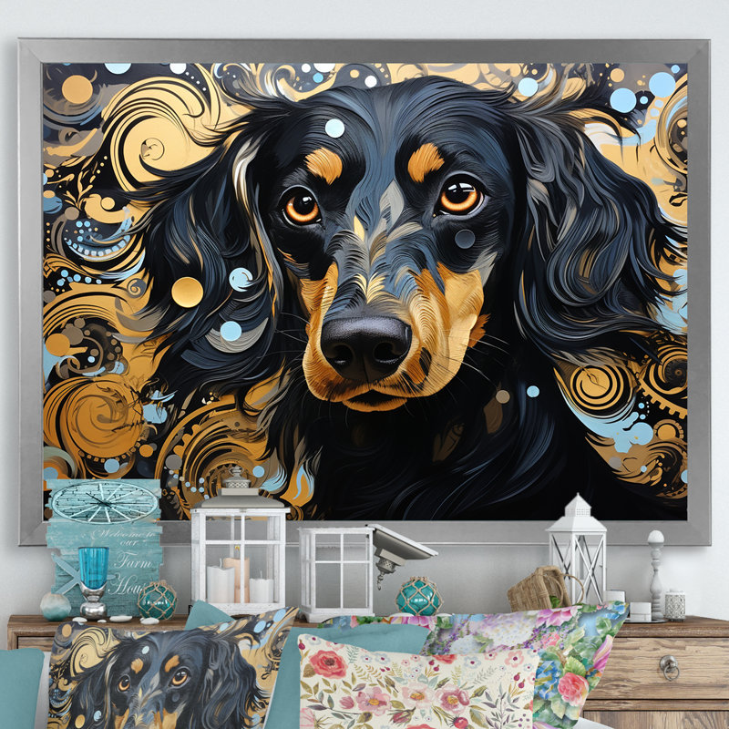 «Funny Daschund Portrait II», reproduction sur toile, Cadre de coin argenté fermé, H 34 po x l 44 po x P 1,5 po
