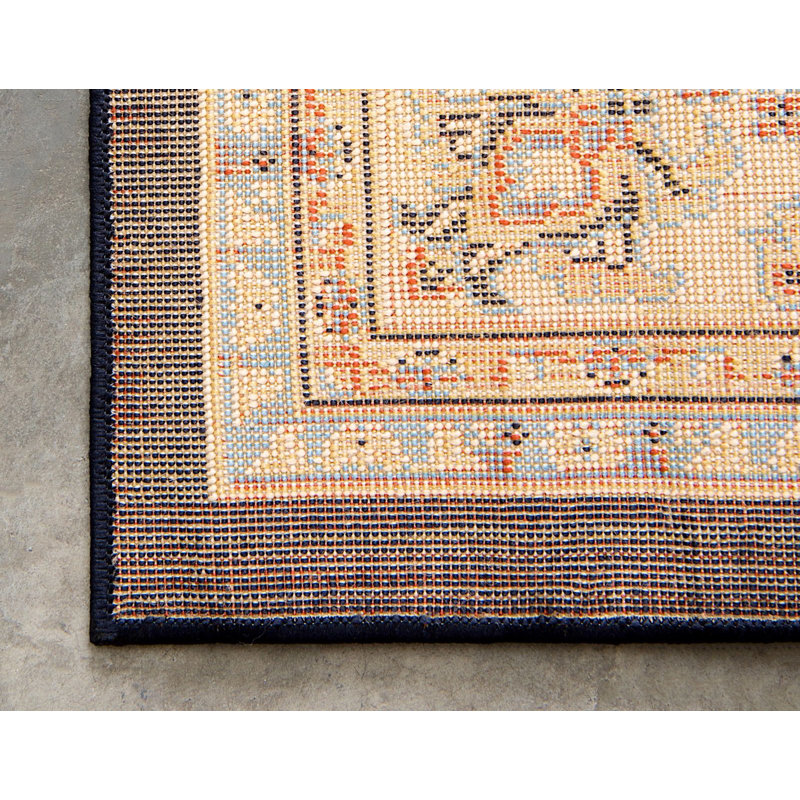 Navy Blue and Ivory Synthetic Square Reversible Area Rug