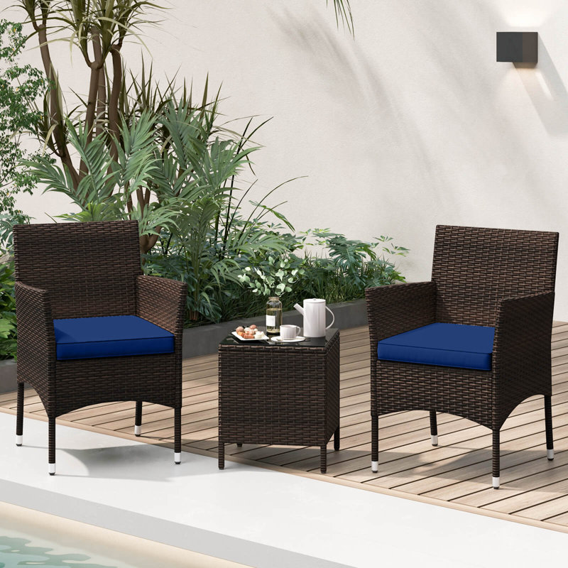 3 Pcs Outdoor Conversation Set With Cushioned Seat & Tempered Glass Tabletop Navy