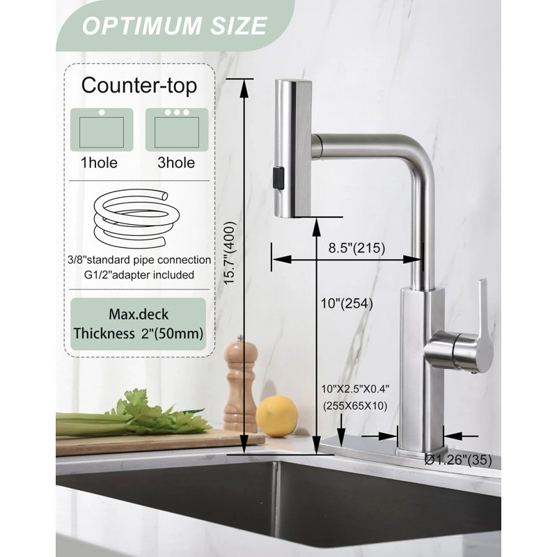 Robinet de cuisine à 3 poignées avec douchette rétractable à 3 modes avec plaque de pont et conduites d'alimentation