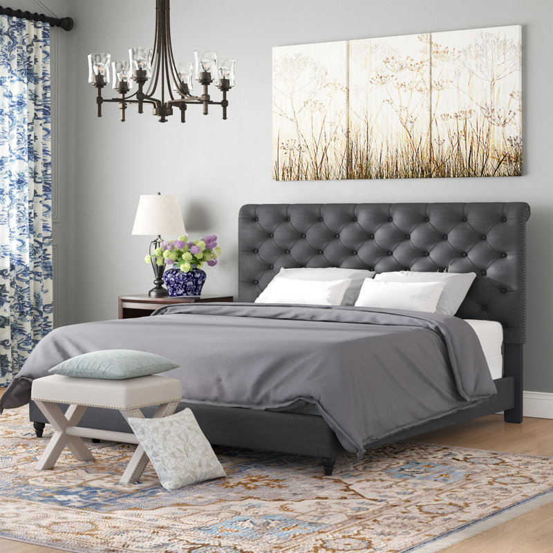 Genuta Upholstered Wingback Bed, Full, Gray