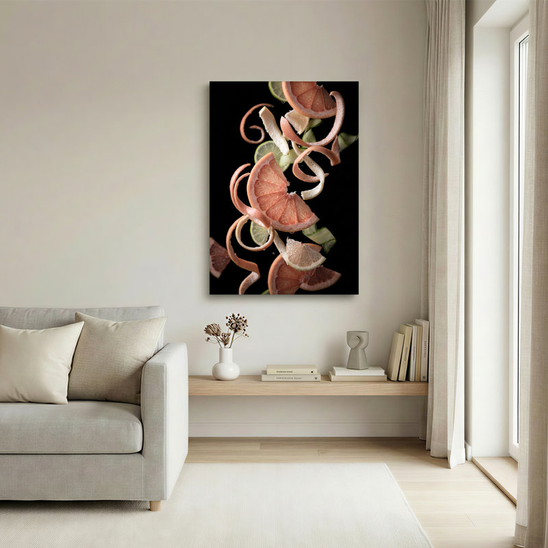 Toile rose sur fond noir, pamplemousse rose et tourbillon de lime, 40"H x 28"W