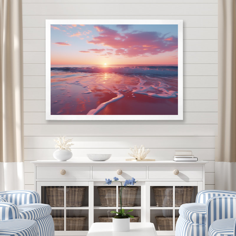 «Beach Cotton Candy Sunset Skies II» - art mural coucher de soleil côtier, Cadre de coin blanc fermé