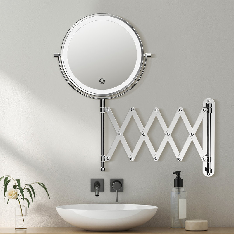 Round Chrome Metal LED Lighted Magnifying Extension Wall Mounted Bathroom Vanity Makeup Mirror, Chrome