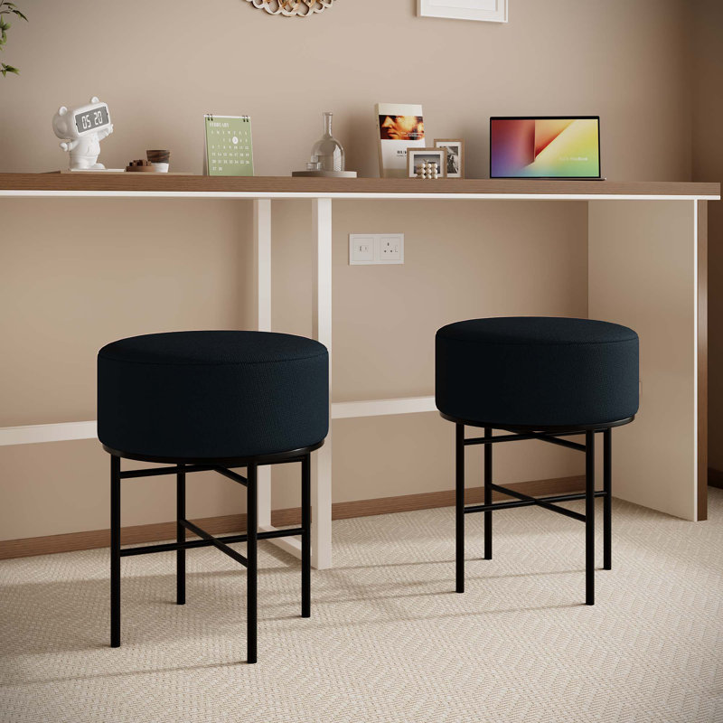 Tabouret de coiffeuse moderne rembourré et rembourré avec pieds en métal (2 pièces), Noir, Noir