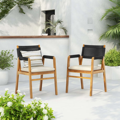 Ensemble de 2 chaises d'extérieur en bois d'acacia avec corde et coussin beige, résistantes aux intempéries et élégantes