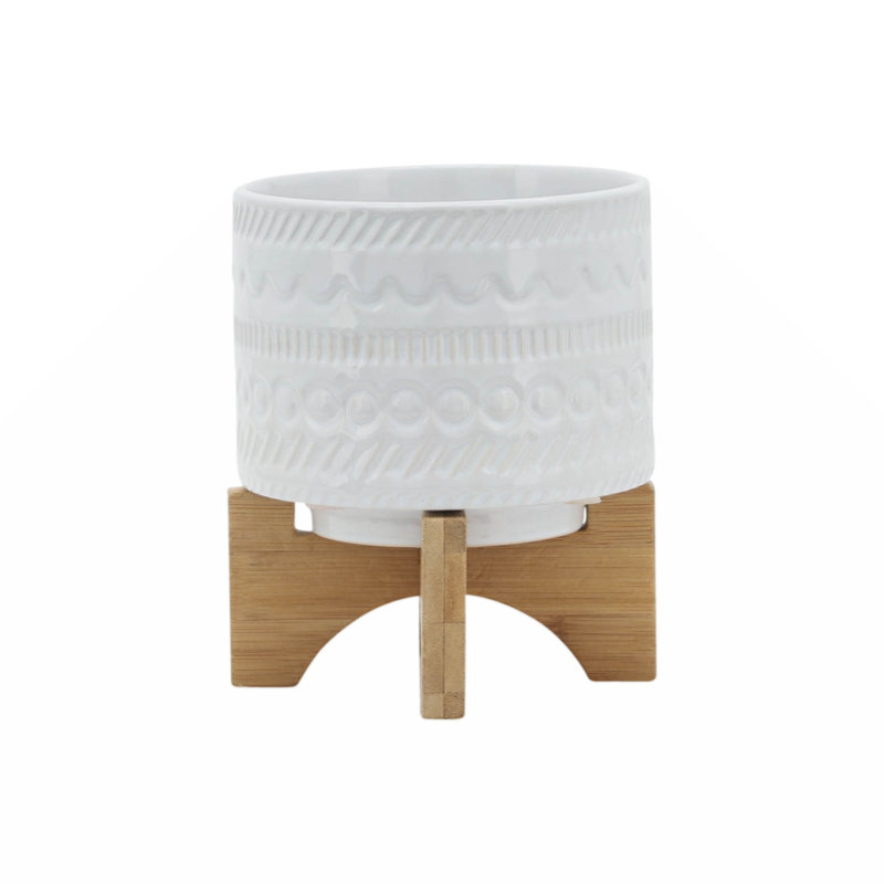 Natacha Stoneware Planter with Bamboo Stand - Ceramic Plant Pot with Raised Decorative Design, Modern Elevated Display, White