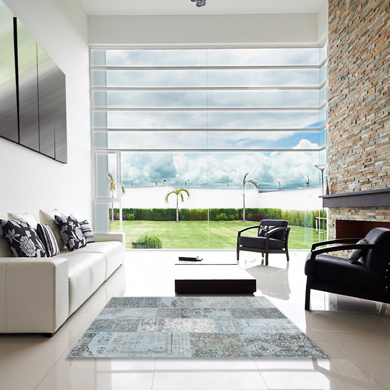 Tapis gris/bleu zone contemporaine, Carré 3 pi