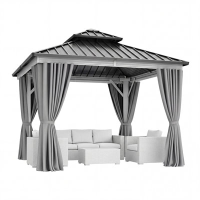 10x10 ft Outdoor Hardtop Gazebo with Double Roof & Curtains, Aluminum Frame, Mesh Netting, and Hanging Hooks – Weatherproof Canopy Pavilion for Patio & Backyard