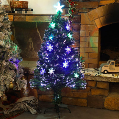 Sapin de Noël artificiel pré-illuminé de 120 cm, sapin en fibre optique avec lumières DEL RVB à couleurs changeantes, décorations flocons de neige et étoile au sommet, sapin multicolore avec support en métal