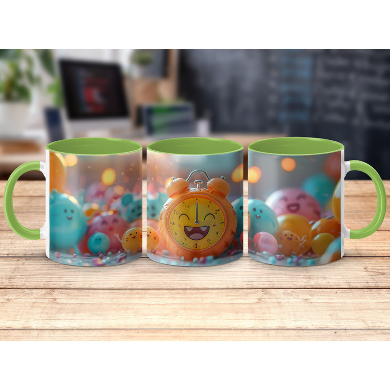 Set of 3 3D Design 11oz Accent Mugs – Ceramic Coffee Cups with a Light Green Handle and Interior