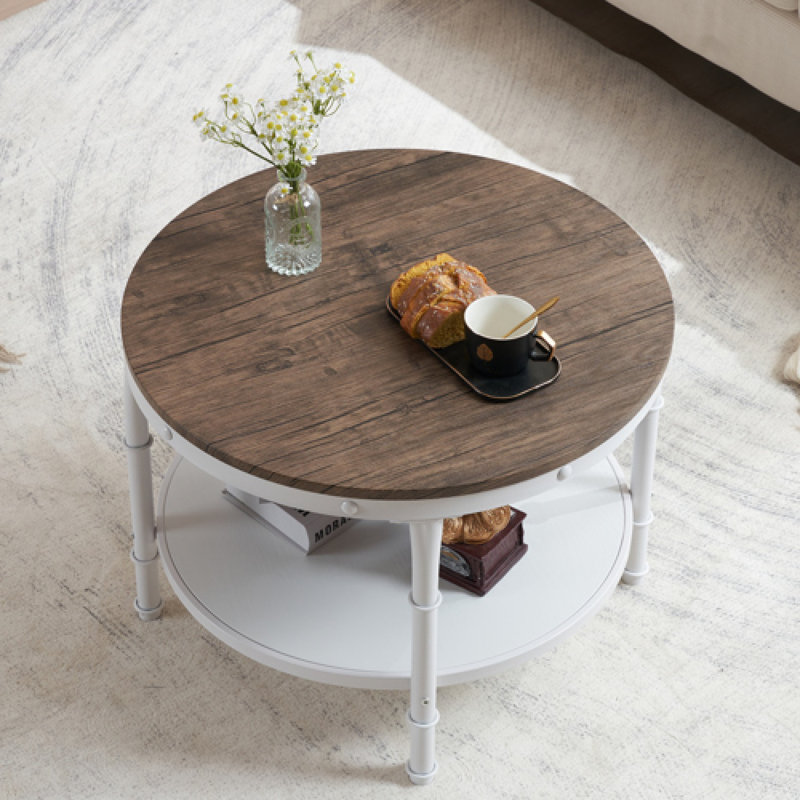 25.2In Double-Layer Round Dark Walnut-Colored Black-Veined MDF Panel, White Wrinkled Baked Iron Frame, Industrial Style Coffee Table