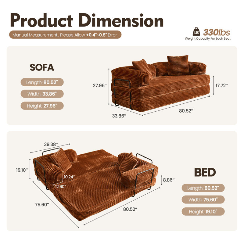Canapé-lit modulaire de 80 po Modern, Brun