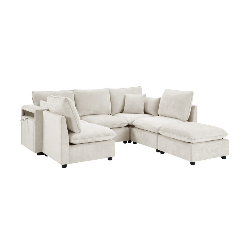 Canapé modulaire modulaire en U avec repose-pieds mobile, accoudoirs de rangement et ports de chargement USB pour les espaces de vie modernes.
