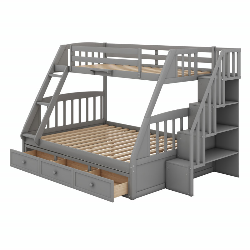 Bunk Bed With Drawers,Ladder And Storage Staircase, Gray