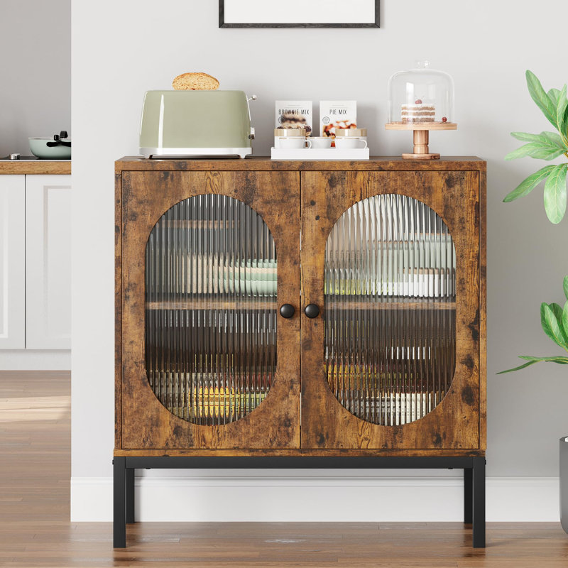 Rattan Buffet Storage Cabinet with Adjustable Shelves, Small Accent Cabinet 2-Tier Sideboard, Brown