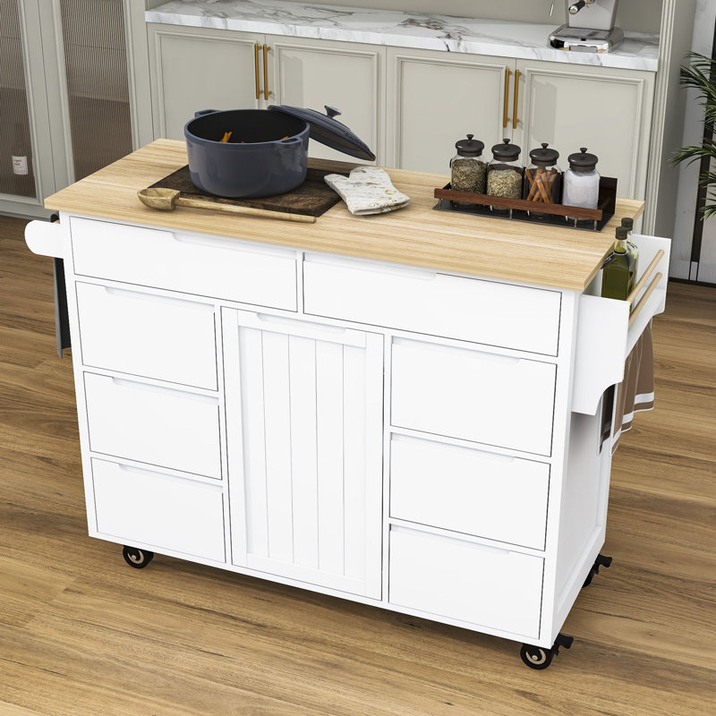 Risharn 8 Drawers Kitchen Cart With Rubber Wood Countertop, White