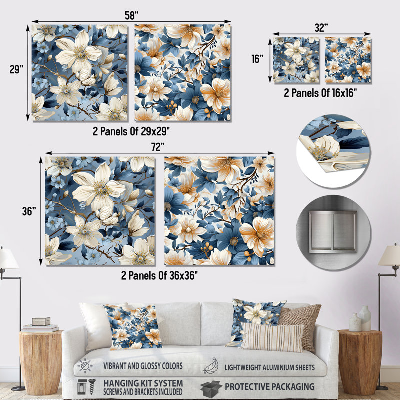 Daigre - Ensemble de 2 carrés à motif floral en métal, H 29 po x l 58 po
