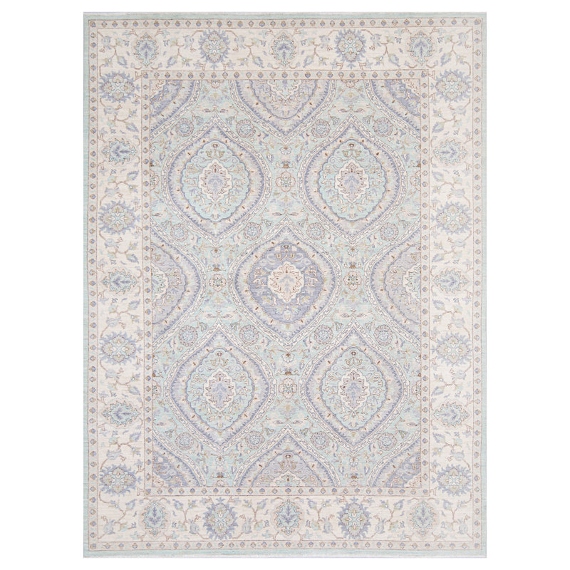 Tapis bleu clair et ivoire noué à la main de haute qualité