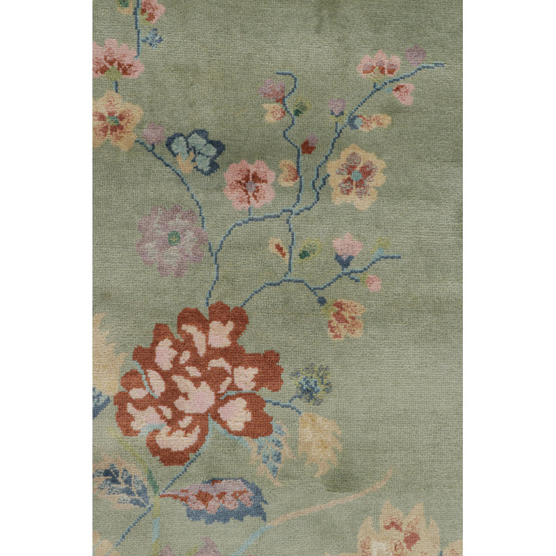 Rug & Kilim’S Chinese Art Deco Style Floral Rug In Green And Blue, Rectangle 7'11" x 10'1"
