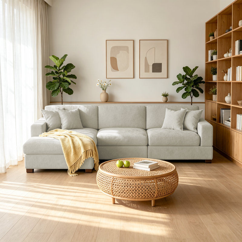 Canapé modulaire rembourré 3 pièces en chenille blanc cassé avec accoudoirs et coussins décoratifs, Off White Chenille