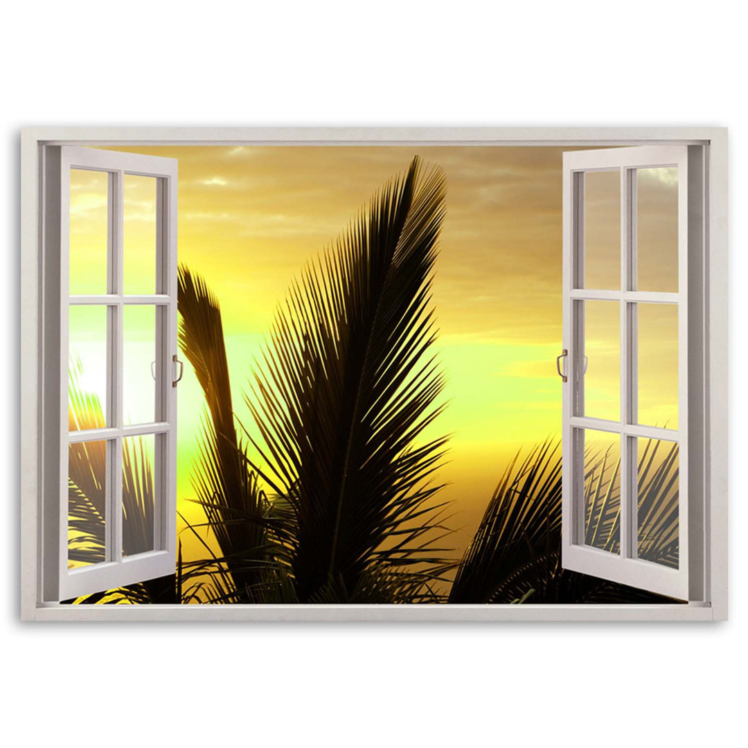 Leinwandbild Window View Palms Sunset