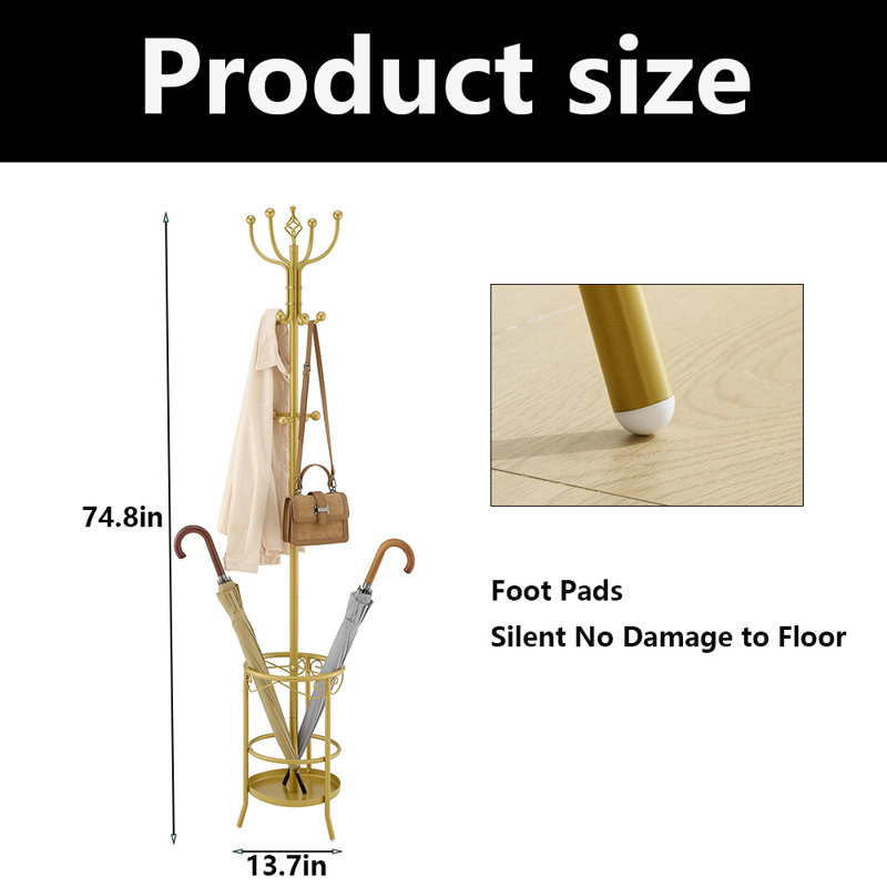 Coat Rack Freestanding,Coat Rack Stand With Umbrella Holder, Gold