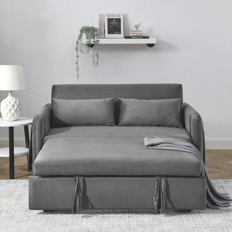 Convertible Sofa Bed with 2 Detachable Arm Pockets, Velvet Loveseat Sofa with Pull Out Bed, Grey