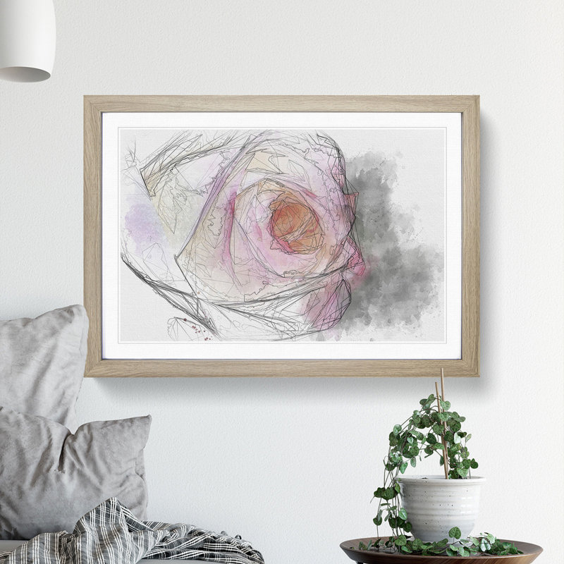 Pink Tipped Rose Sketch - Picture Frame Graphic Art Print, 40cm H x 60cm W x 2cm D, Oak Framed