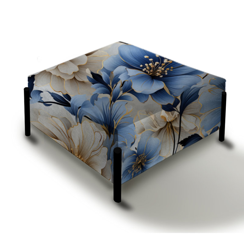Grand repose-pieds carré floral bleu et blanc à motif floral III