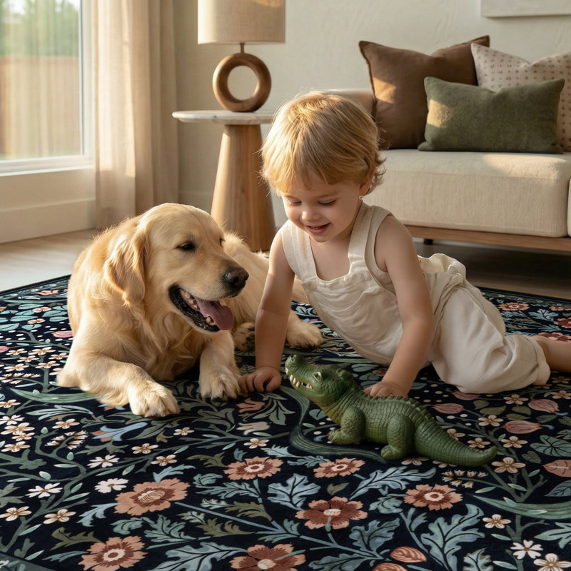Kaldi Floral Washable Area Rug – Intricate Nature-Inspired Design, Non-Slip Soft Floor Mat for Living Room, Bedroom, and Entryway