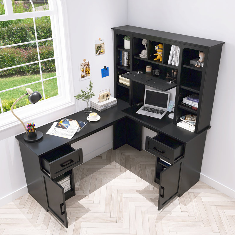 Bureau d'ordinateur en L, 2 armoires et 2 tiroirs, station de charge intégrée, bureau de travail polyvalent pour bureau, salon et bureau à domicile