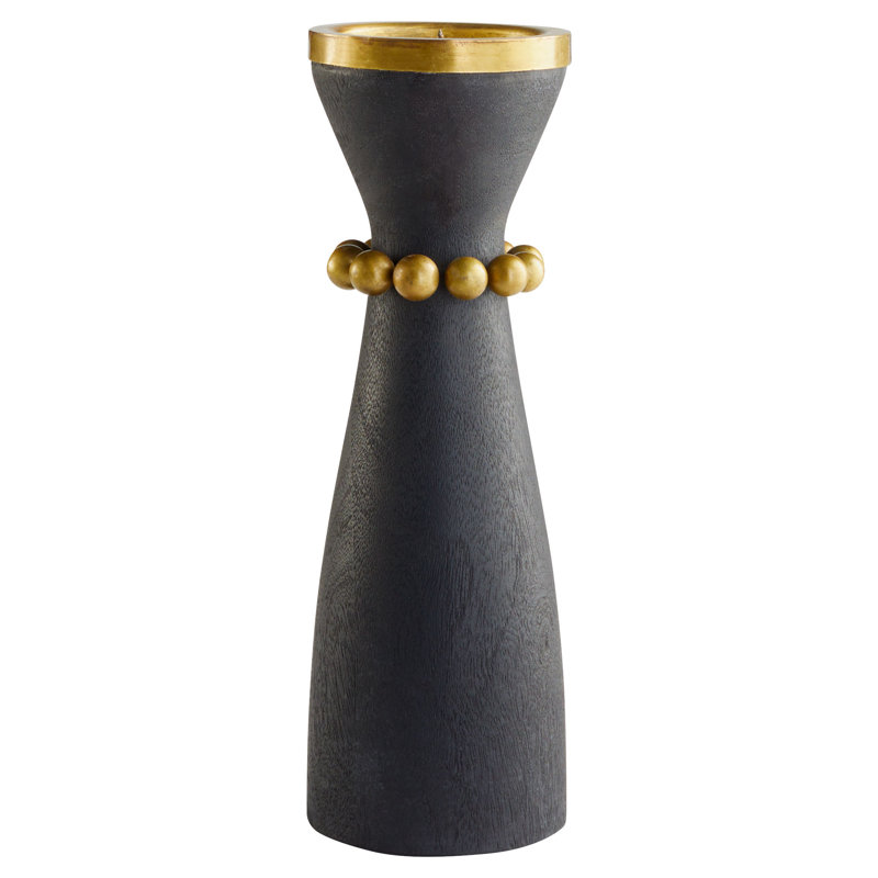 Parvati Wood Tabletop Candlestick, Rubbed Black/Antique Brass, 16" H x 5.5" W x 5.5" D