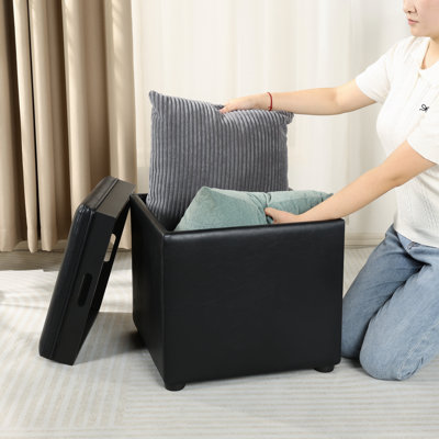 17.7" Faux Leather Storage Ottoman With Reversible Tray Top