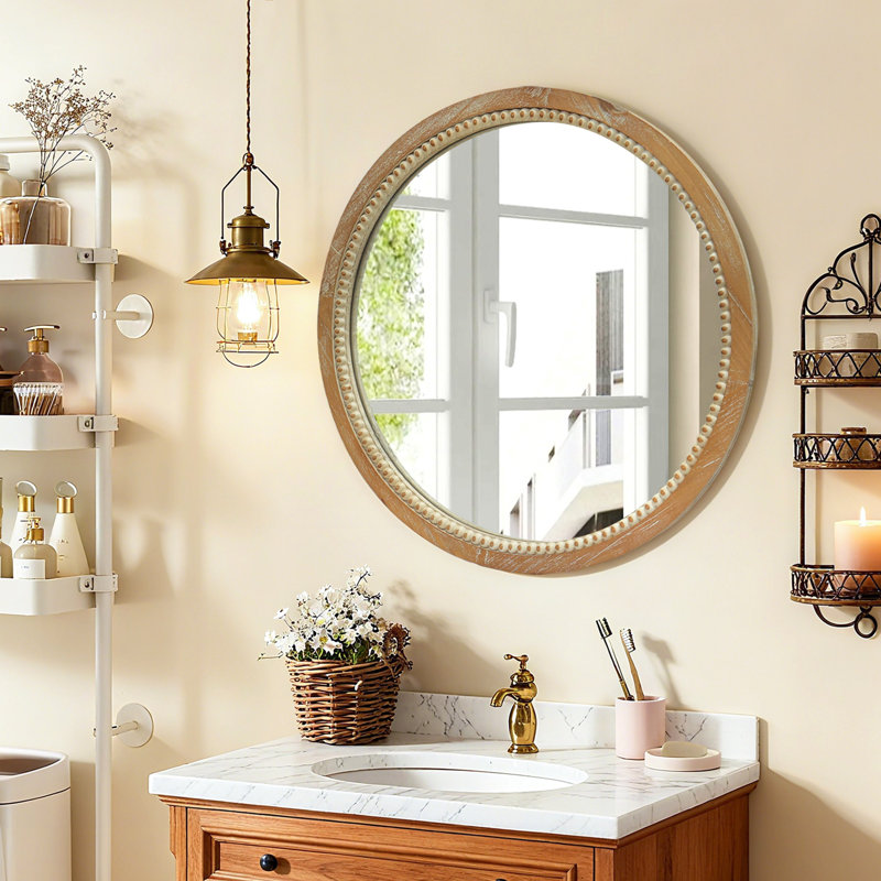 Miroir mural rond en bois vieilli et perles, 23,62 "Farmhouse Vintage