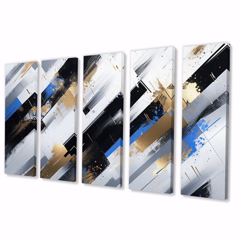 «Blue Gold Bold Stripes I», reproduction sur toile - 5 panneaux égaux