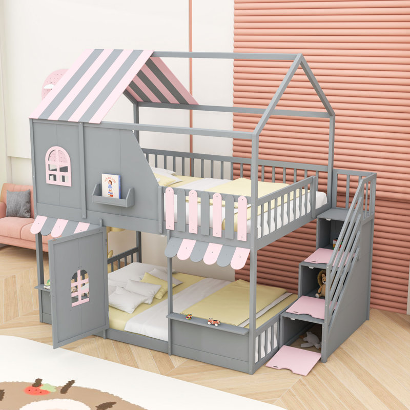 Lit superposé House avec escalier de rangement et tablettes, Gray/Pink