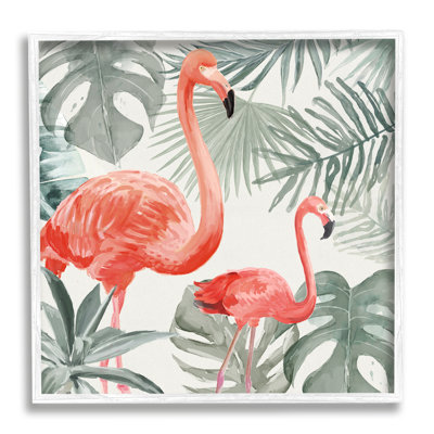 " Tropical Flamingo Family Pink Birds Monstera Palm Leaves "