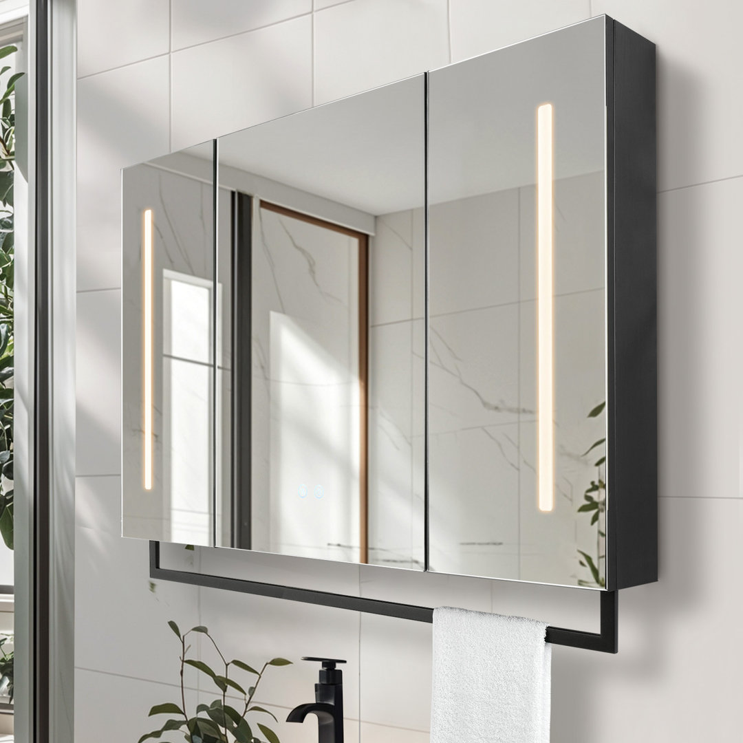 Daciano Modern LED Bathroom Mirror Cabinet – 100cm x 68cm, 3 Doors with Anti-Fog and Stylish Black Finish