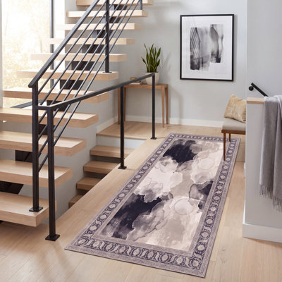 Tapis Barlow moderne à poils courts, style aquarelle abstraite, gris et noir, lavable en machine, antidérapant, pour intérieur et extérieur, adapté aux animaux domestiques, idéal pour le salon, la chambre, la salle à manger, l'entrée, le corridor ou le bureau.
