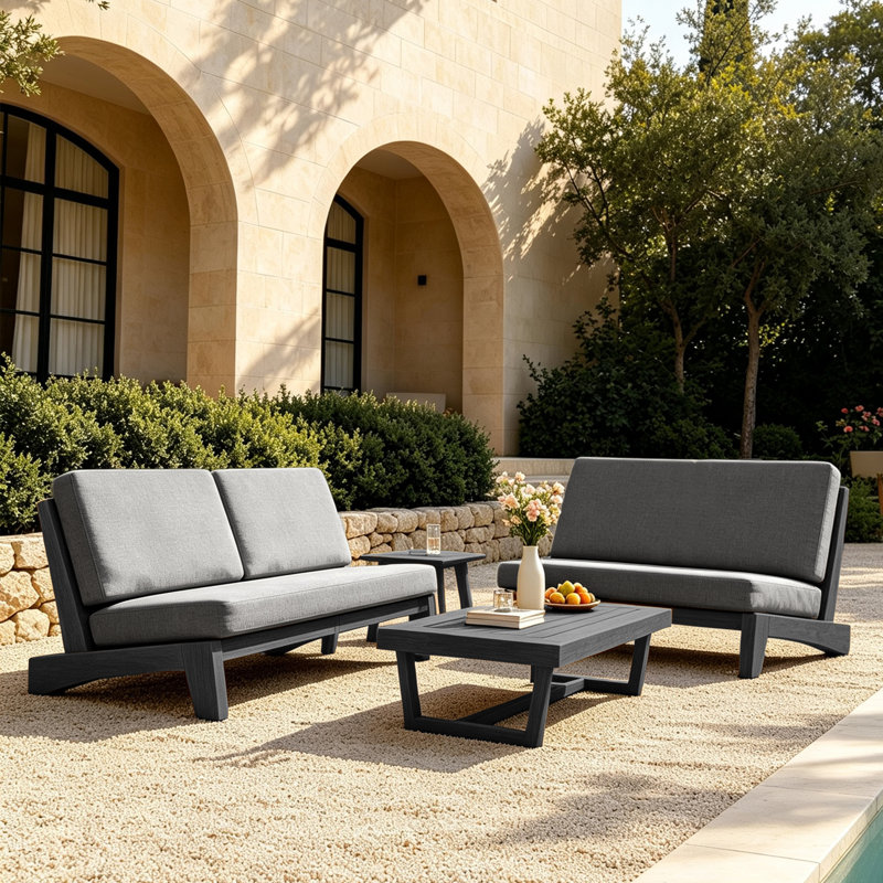 Ensemble de conversation Polett, 4 Pcs: 2 Tables, Loveseat, Sofa, Gris, Noir