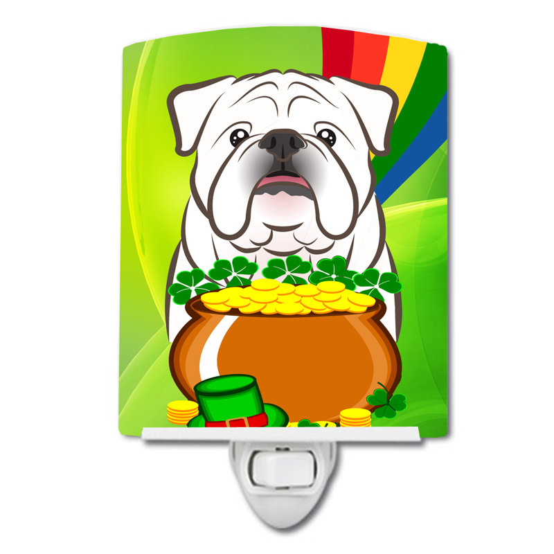 Luminaire de nuit en céramique jack terrier St. Patrick's Day, Bouledogue anglais blanc