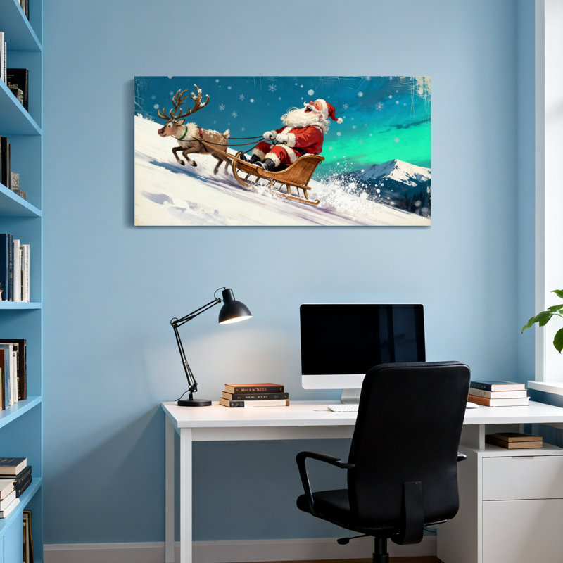Noël, père Noël, renne, traîneau, paysage enneigé, H 28 po x l 58 po