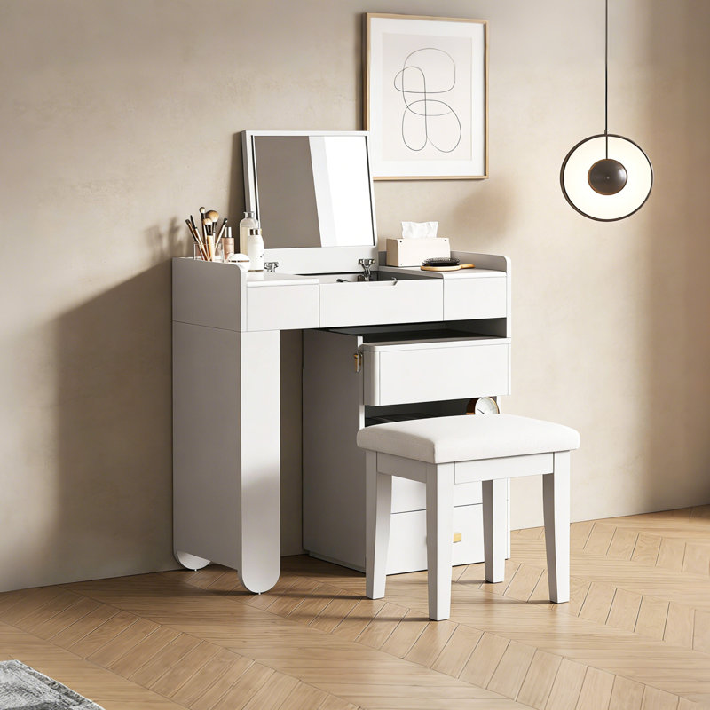 Meuble-lavabo multifonctionnel 3 en 1 avec miroir rabattable, éclairage à DEL, longueur réglable et tiroirs spacieux, Blanc