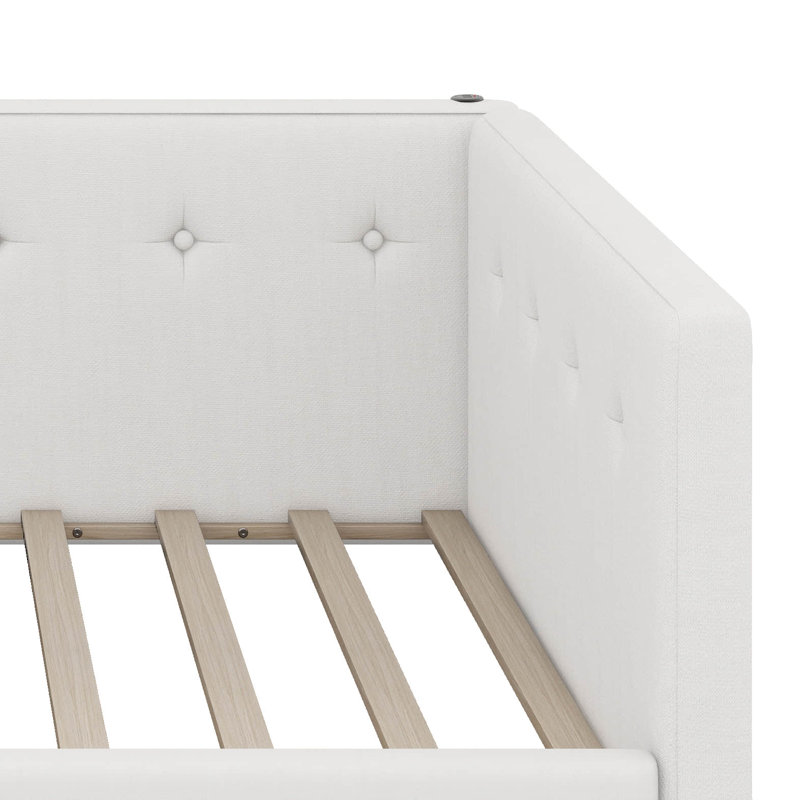 Modern Upholstered Platform Bed With USB Ports, Floor Daybed With Wood Slat Support, Queen
