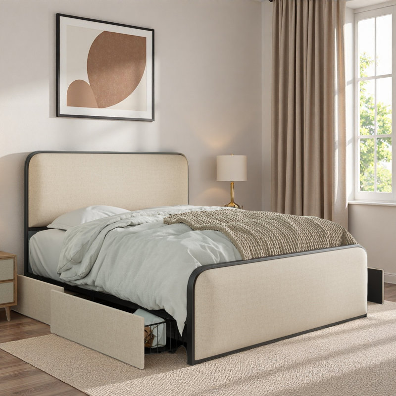 Lit moderne en métal avec tête de lit tapissier courbée et rangement sous le lit, Beige/noir, Très grand lit
