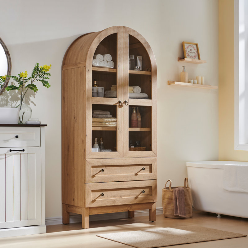  71" Tall Modern Arched Bathroom Storage Cabinet, Farmhouse Wood Storage Cabinets with 2 Large Drawers and Adjustable Shelves